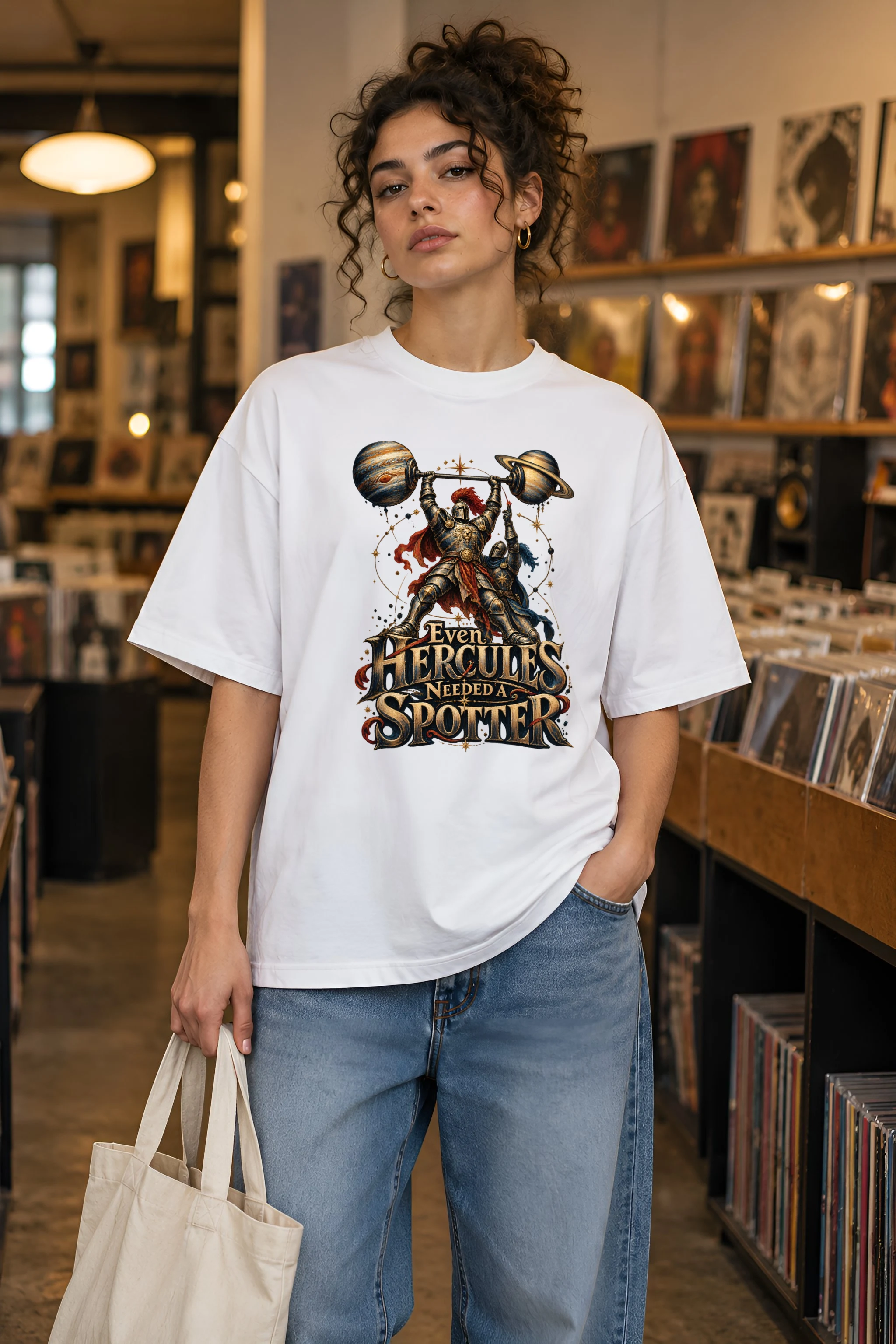 "Even Hercules Needed a Spotter" Unisex Oversized Heavyweight Crewneck T-Shirt