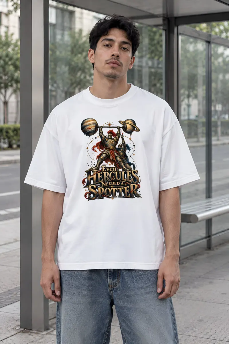 "Even Hercules Needed a Spotter" Unisex Oversized Heavyweight Crewneck T-Shirt