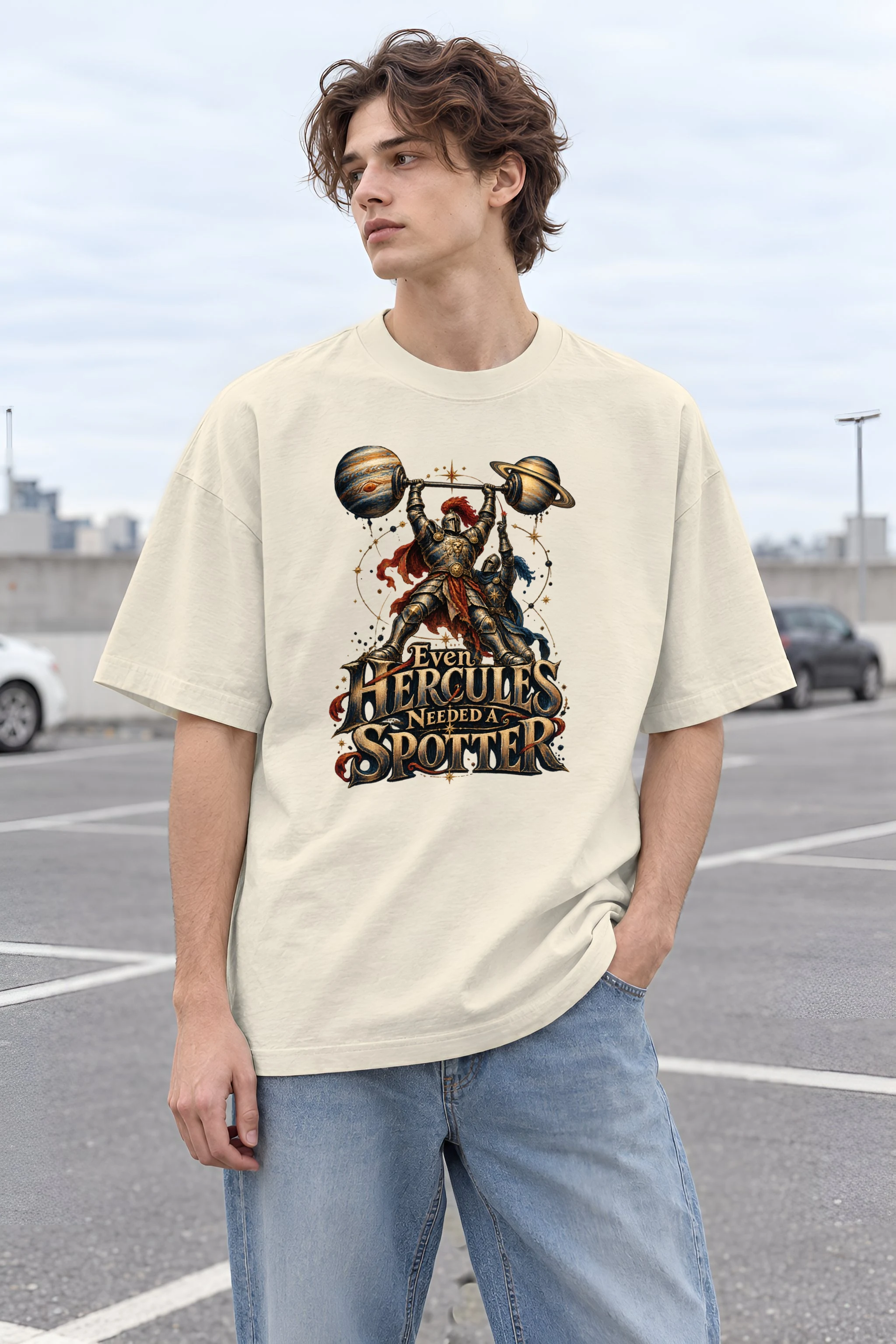 "Even Hercules Needed a Spotter" Unisex Oversized Heavyweight Crewneck T-Shirt