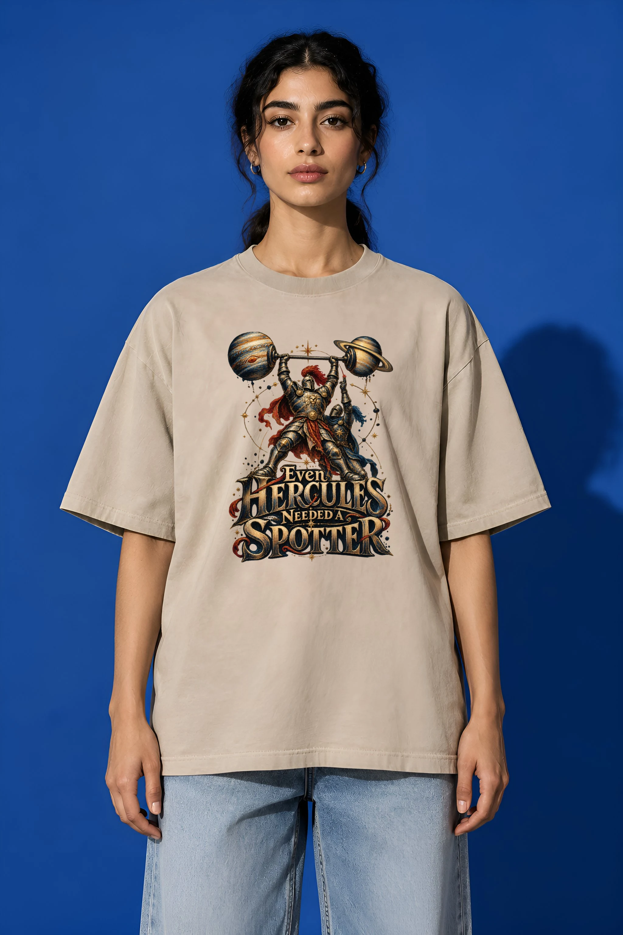 "Even Hercules Needed a Spotter" Unisex Oversized Heavyweight Crewneck T-Shirt