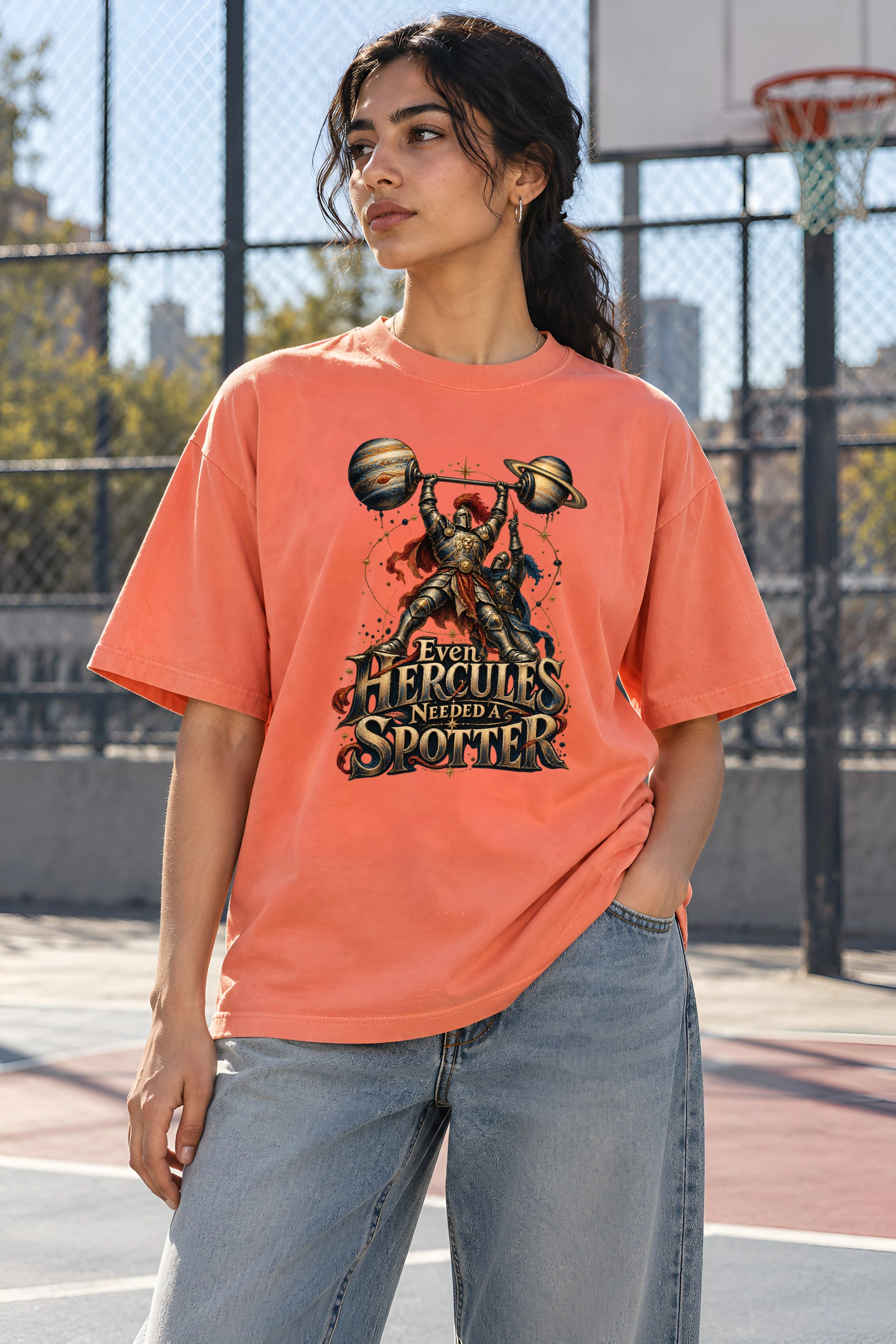"Even Hercules Needed a Spotter" Unisex Oversized Heavyweight Crewneck T-Shirt