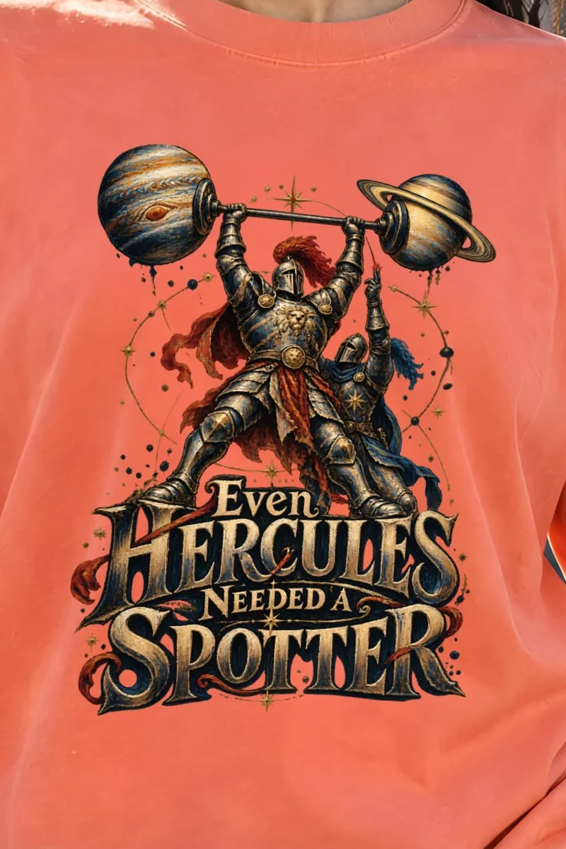 "Even Hercules Needed a Spotter" Unisex Oversized Heavyweight Crewneck T-Shirt - the graphic up close