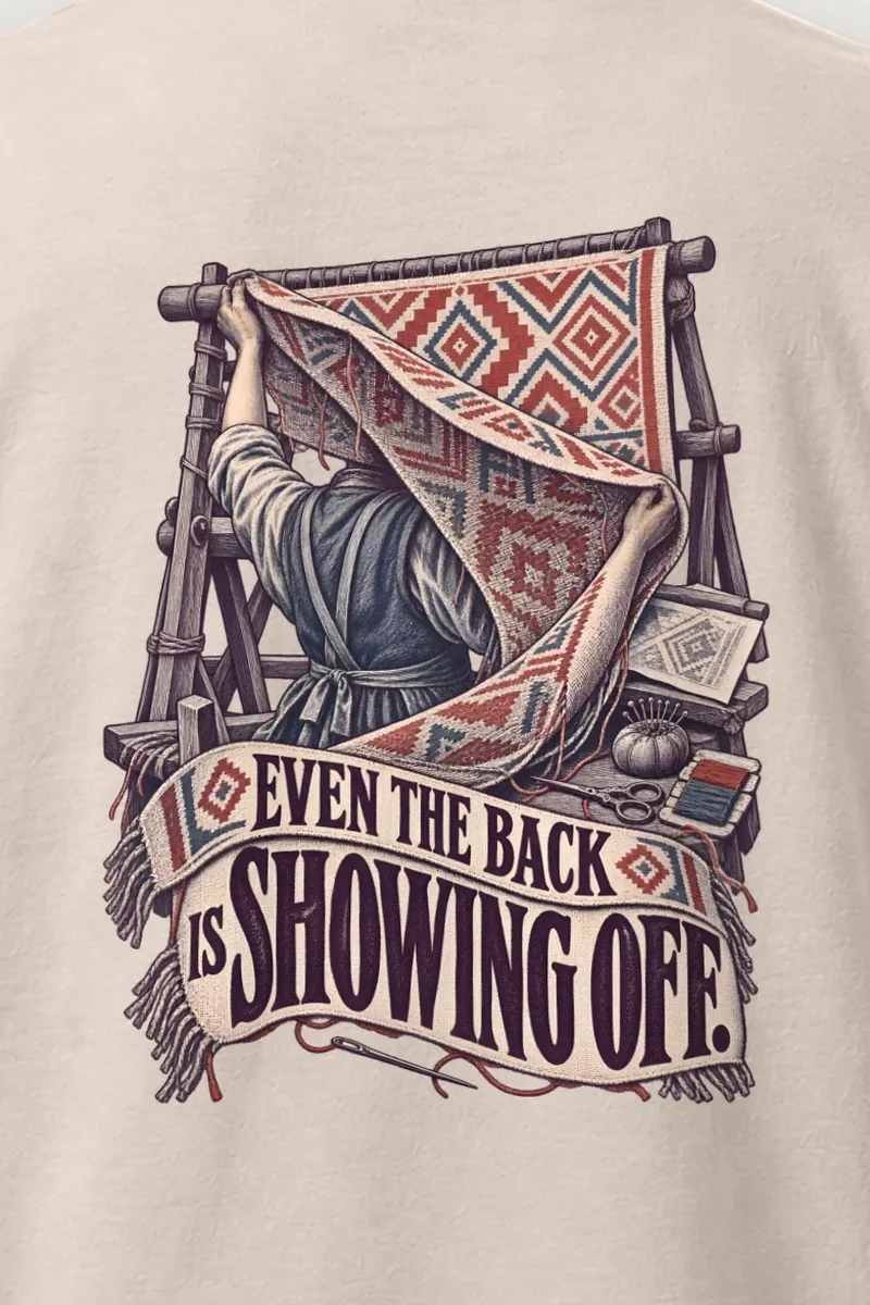 "Even the Back Is Showing Off" Heavyweight Unisex Crewneck T-shirt - the graphic up close