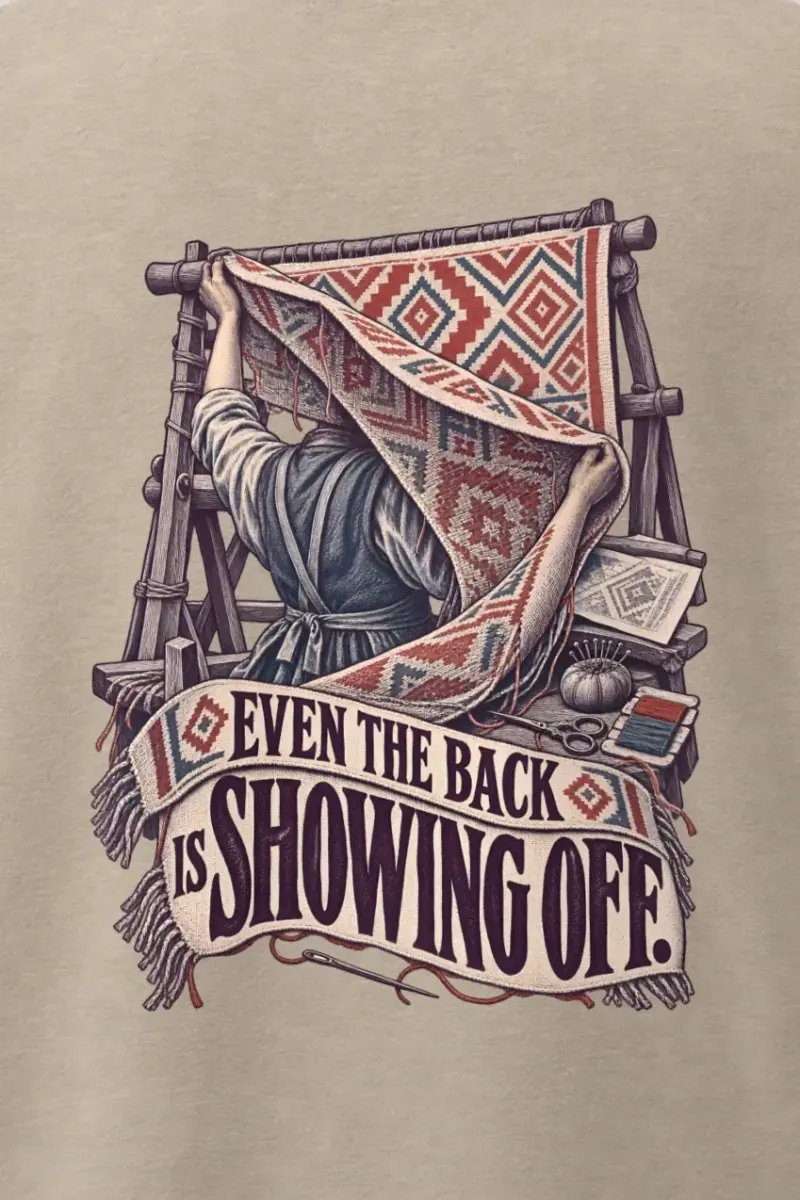 "Even the Back Is Showing Off" Men’s Oversized Heavyweight Crewneck T-Shirt - the graphic up close