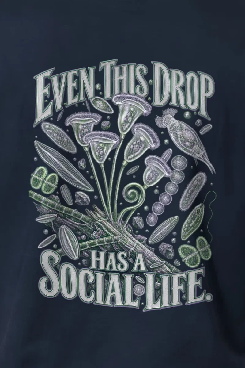 "Even This Drop Has a Social Life" Heavyweight Unisex Crewneck T-shirt - the graphic up close