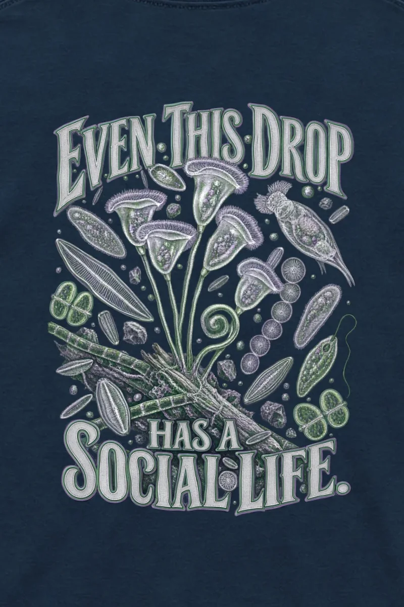 "Even This Drop Has a Social Life" Unisex Longsleeve T-shirt - the graphic up close
