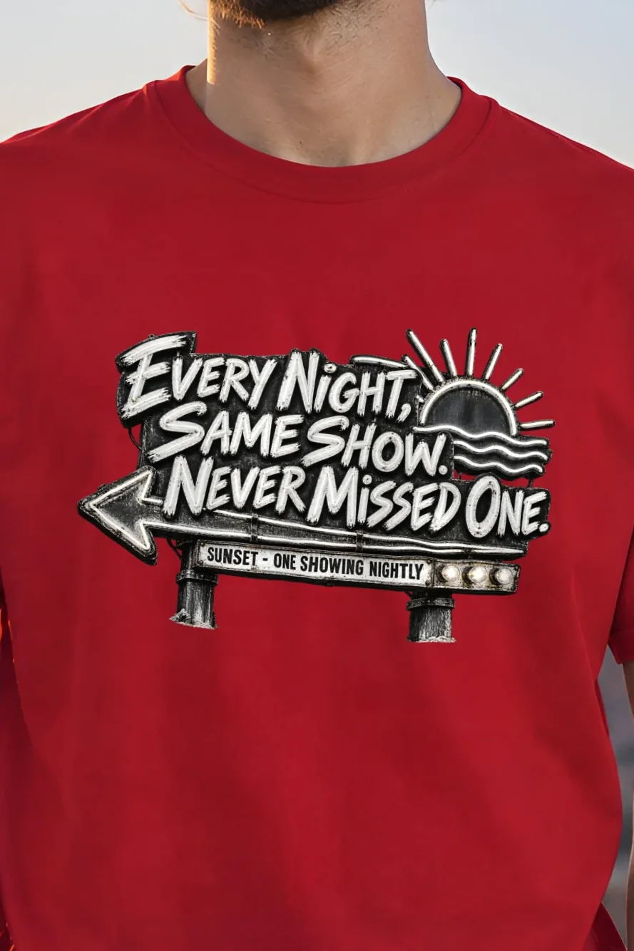 "Every Night, Same Show" Heavyweight Unisex Crewneck T-shirt - the graphic up close