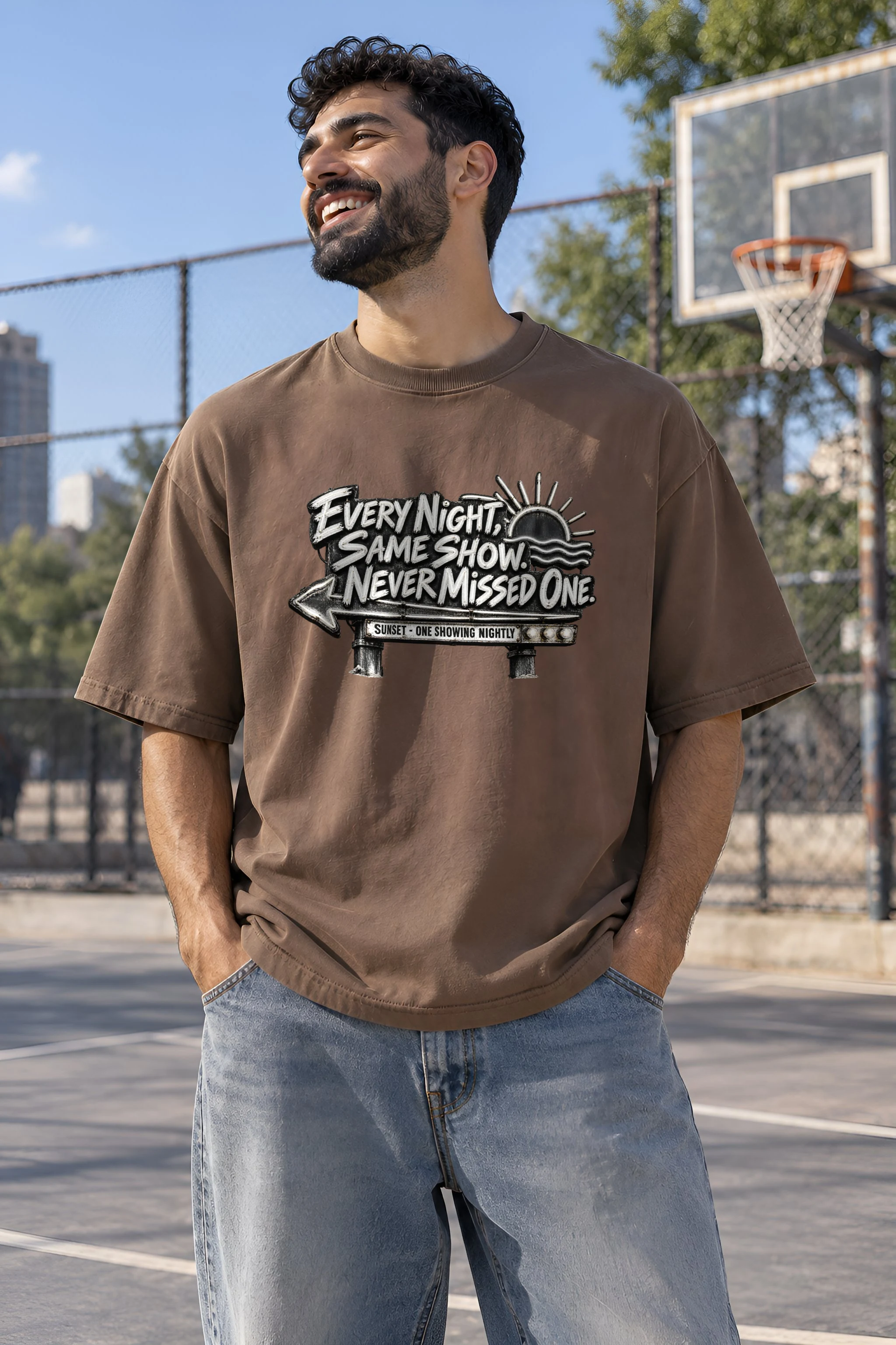 "Every Night, Same Show" Unisex Oversized Heavyweight Crewneck T-Shirt