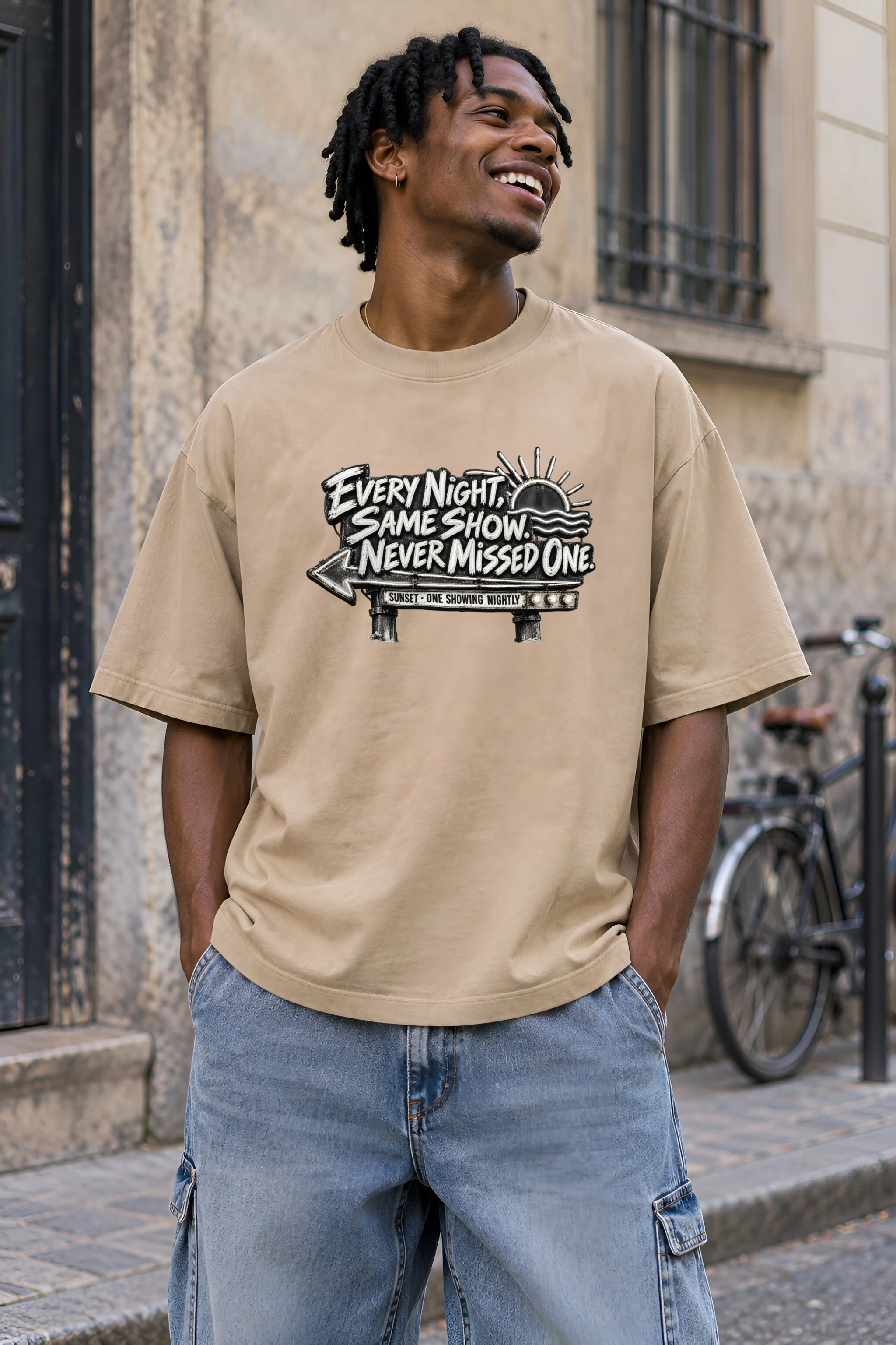 "Every Night, Same Show" Unisex Oversized Heavyweight Crewneck T-Shirt