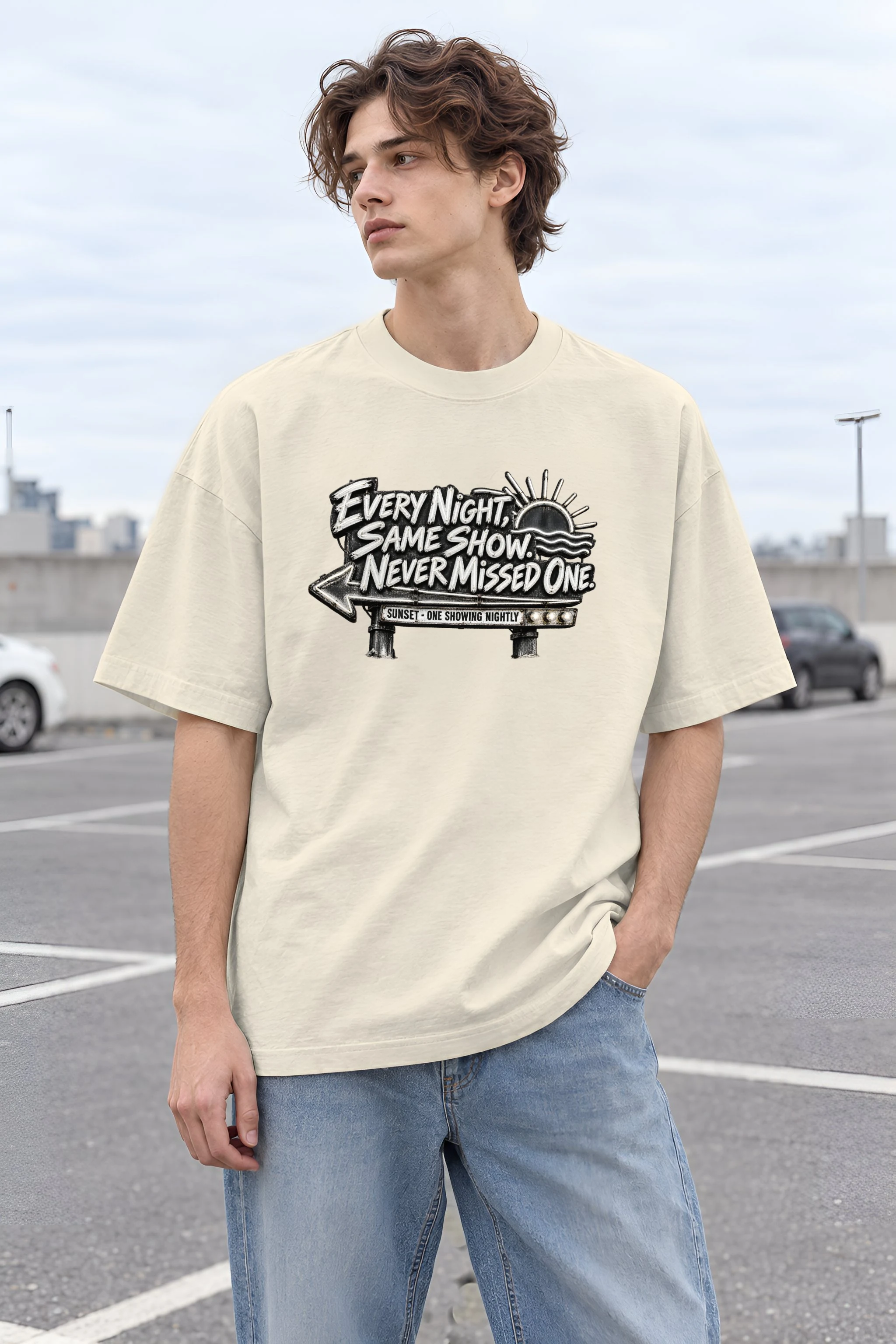 "Every Night, Same Show" Unisex Oversized Heavyweight Crewneck T-Shirt