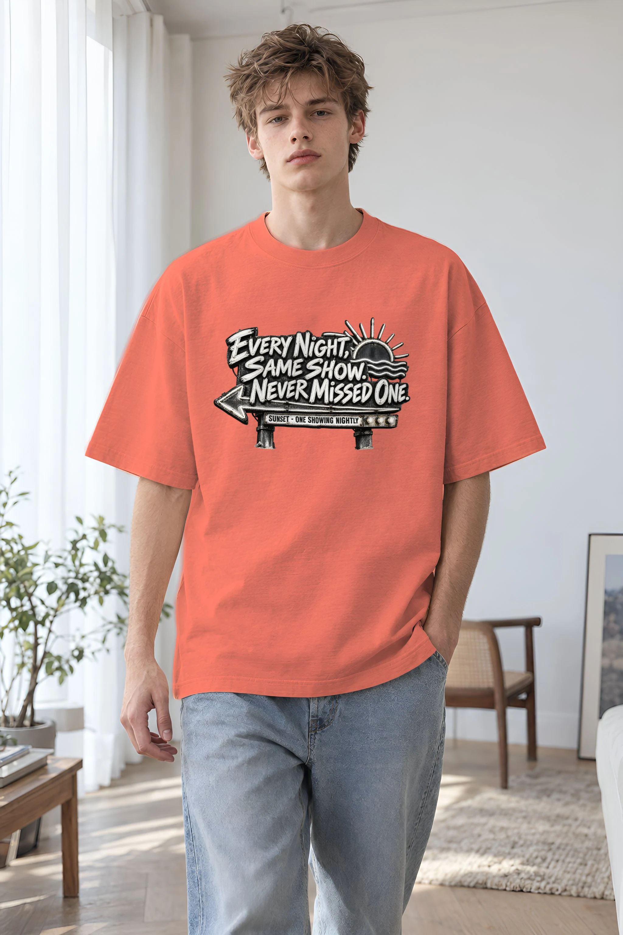 "Every Night, Same Show" Unisex Oversized Heavyweight Crewneck T-Shirt