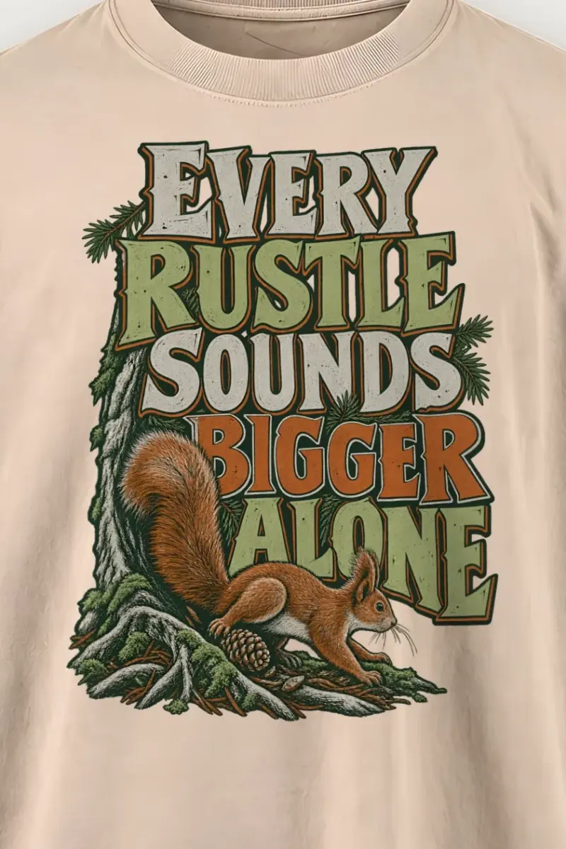 "Every Rustle Sounds Bigger Alone" Men’s Oversized Heavyweight Crewneck T-Shirt - the graphic up close