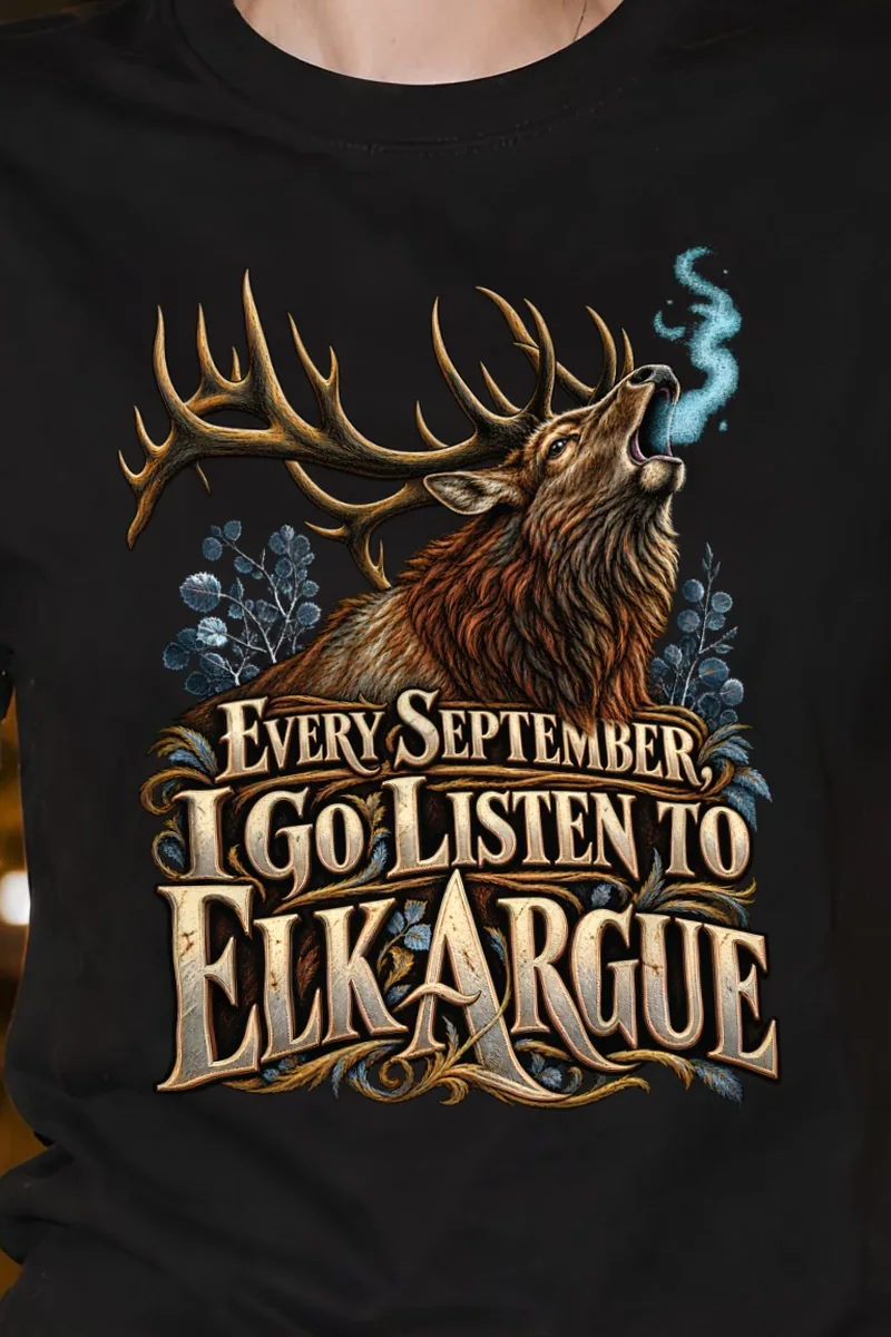 "Every September, Elk Argue" Heavyweight Unisex Crewneck T-shirt - the graphic up close