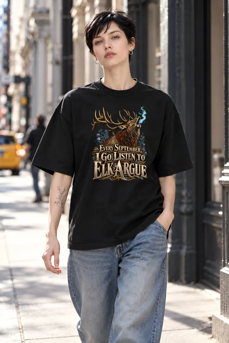 "Every September I Go Listen to Elk Argue" Unisex Oversized Heavyweight Crewneck T-Shirt