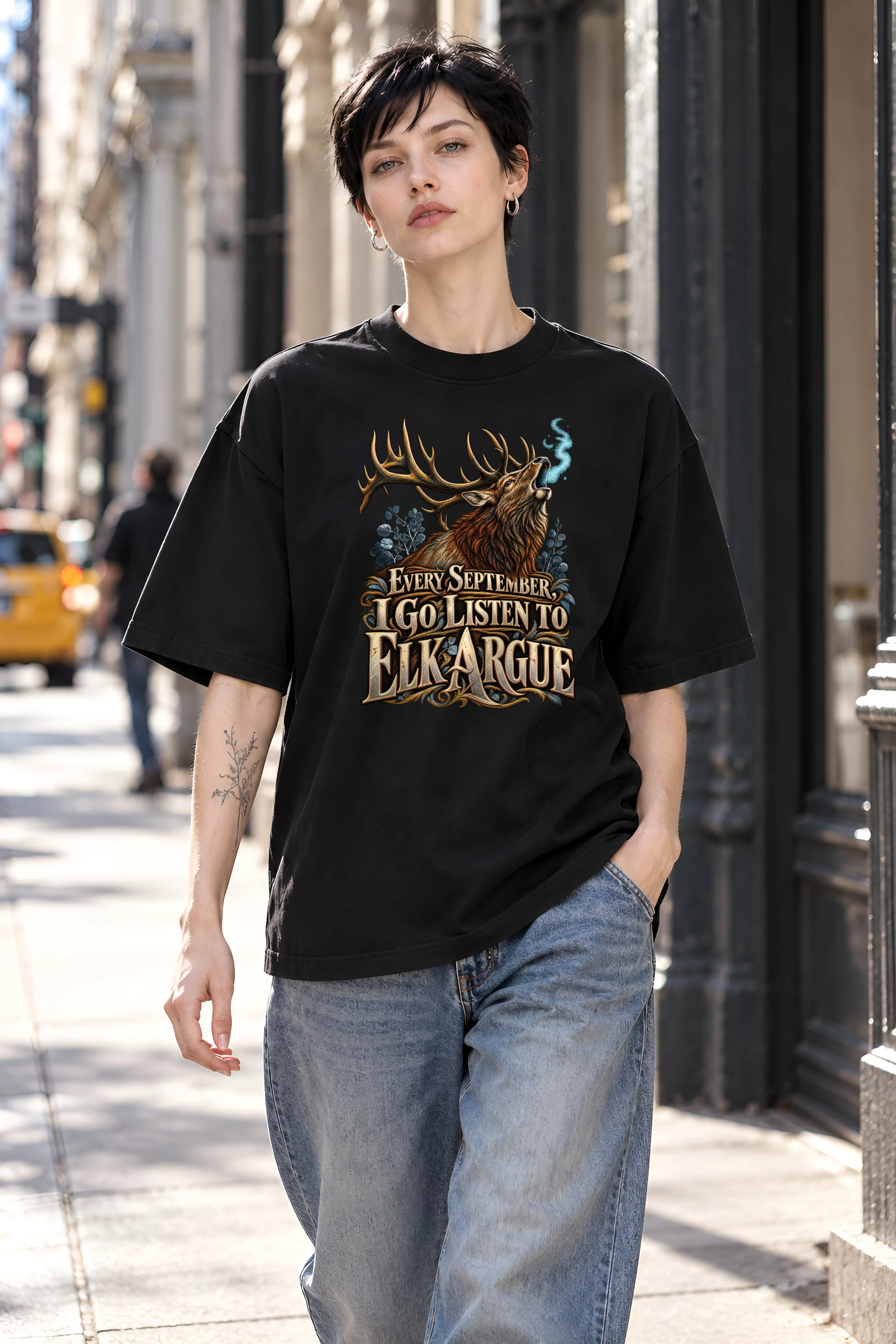 "Every September I Go Listen to Elk Argue" Unisex Oversized Heavyweight Crewneck T-Shirt