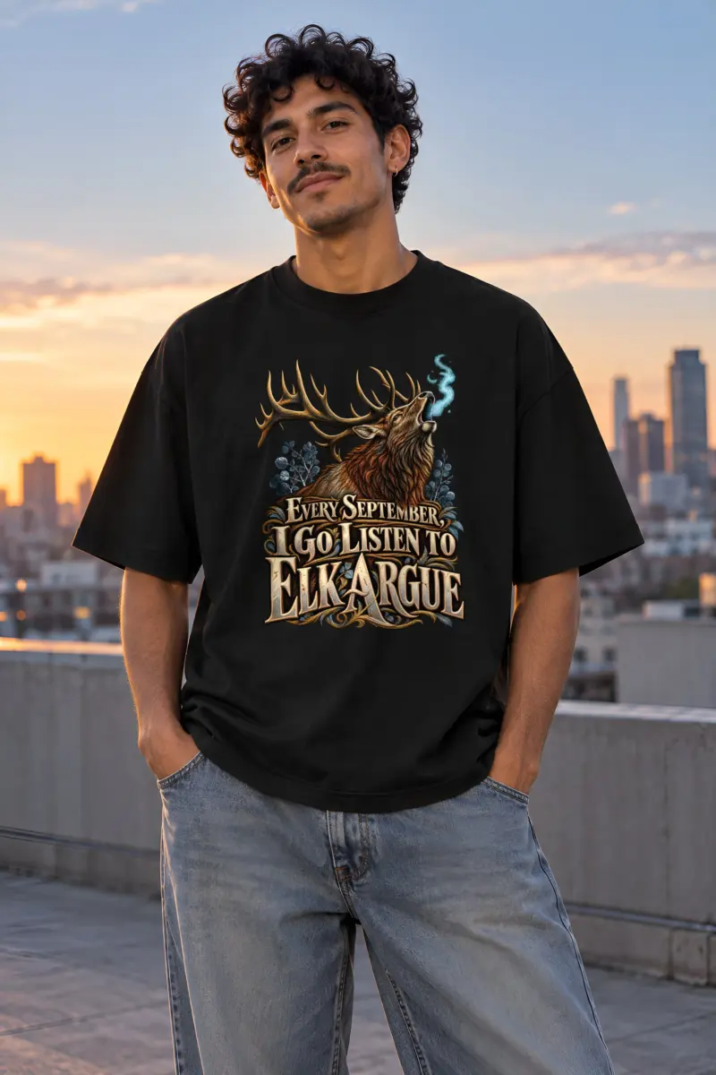 "Every September I Go Listen to Elk Argue" Unisex Oversized Heavyweight Crewneck T-Shirt