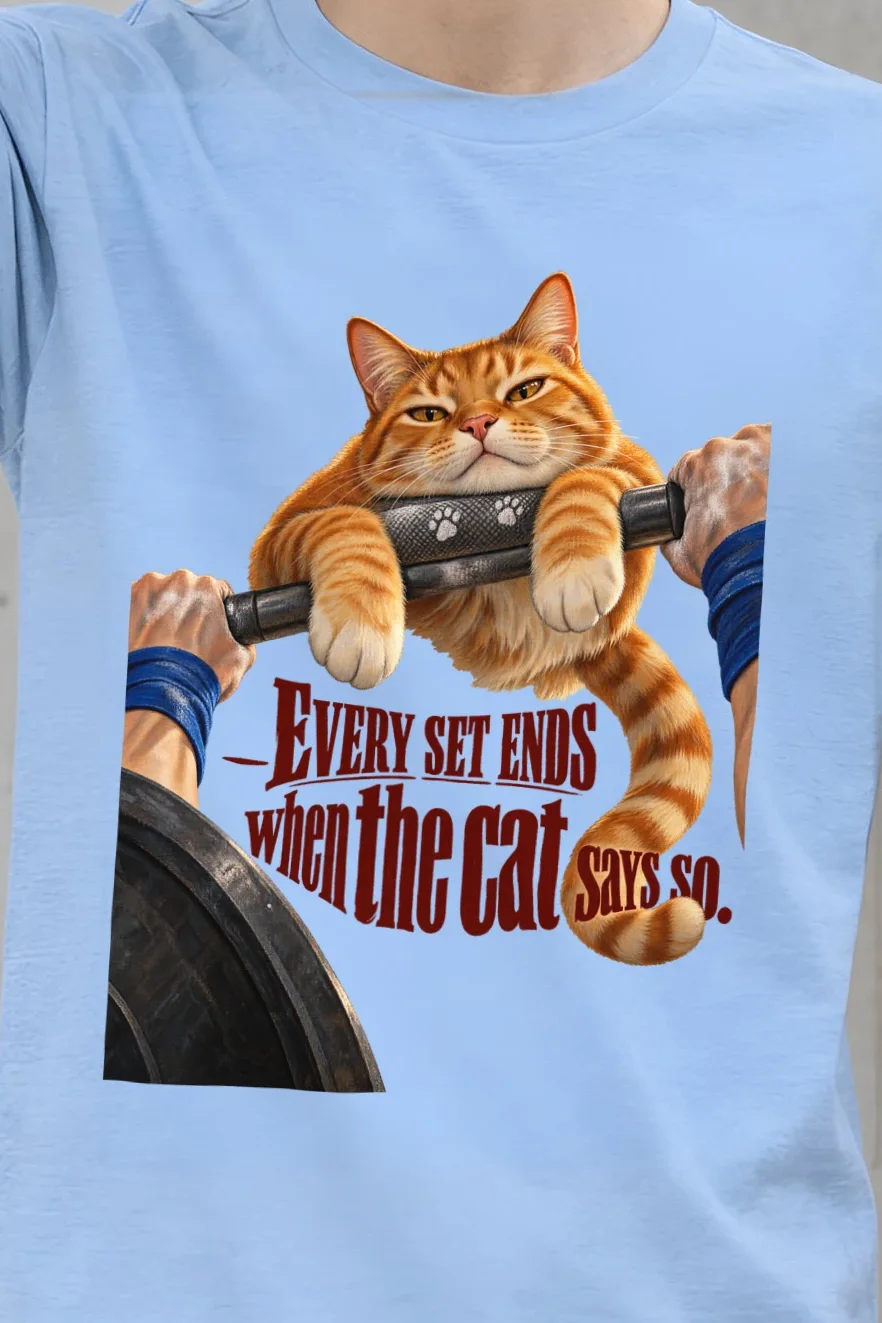 "Every Set Ends Cat" Heavyweight Unisex Crewneck T-shirt - the graphic up close