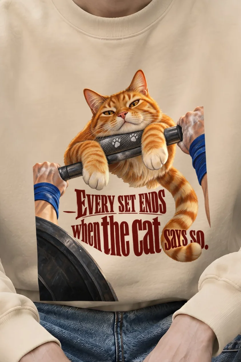 "Every Set Ends Cat Sweatshirt" Unisex Crewneck Sweatshirt - the graphic up close
