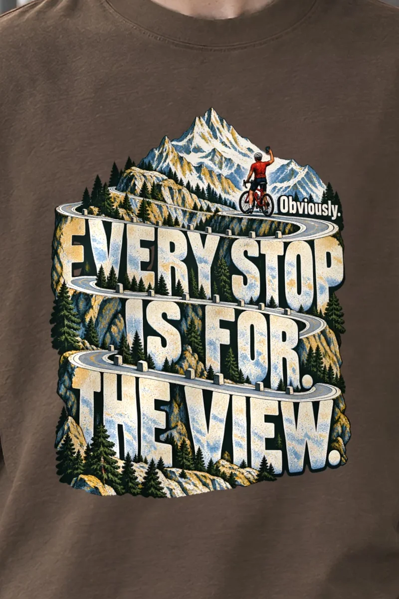"Every Stop Is for the View" Unisex Oversized Heavyweight Crewneck T-Shirt - the graphic up close