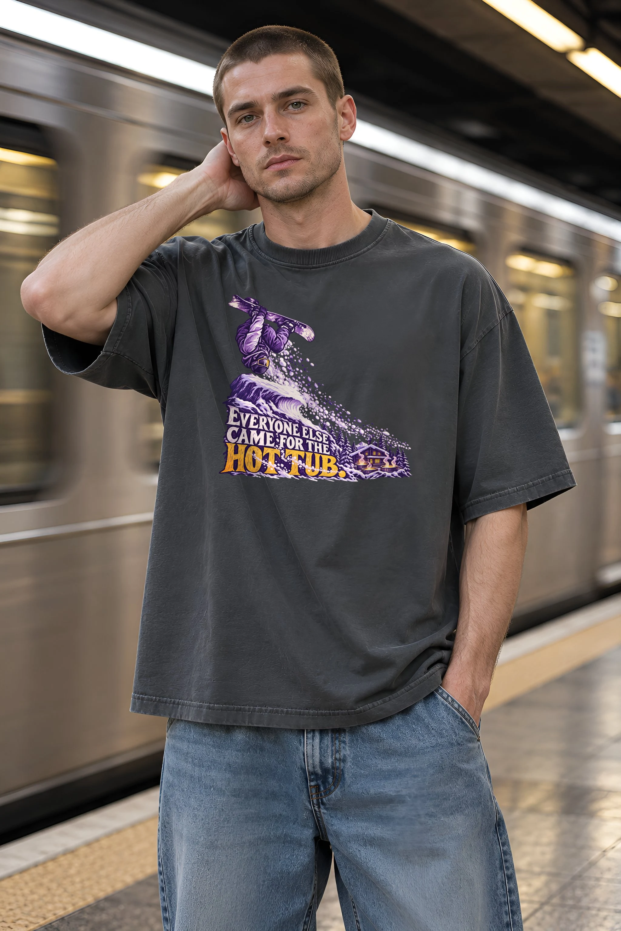 "Everyone Else Came for the Hot Tub" Unisex Oversized Heavyweight Crewneck T-Shirt
