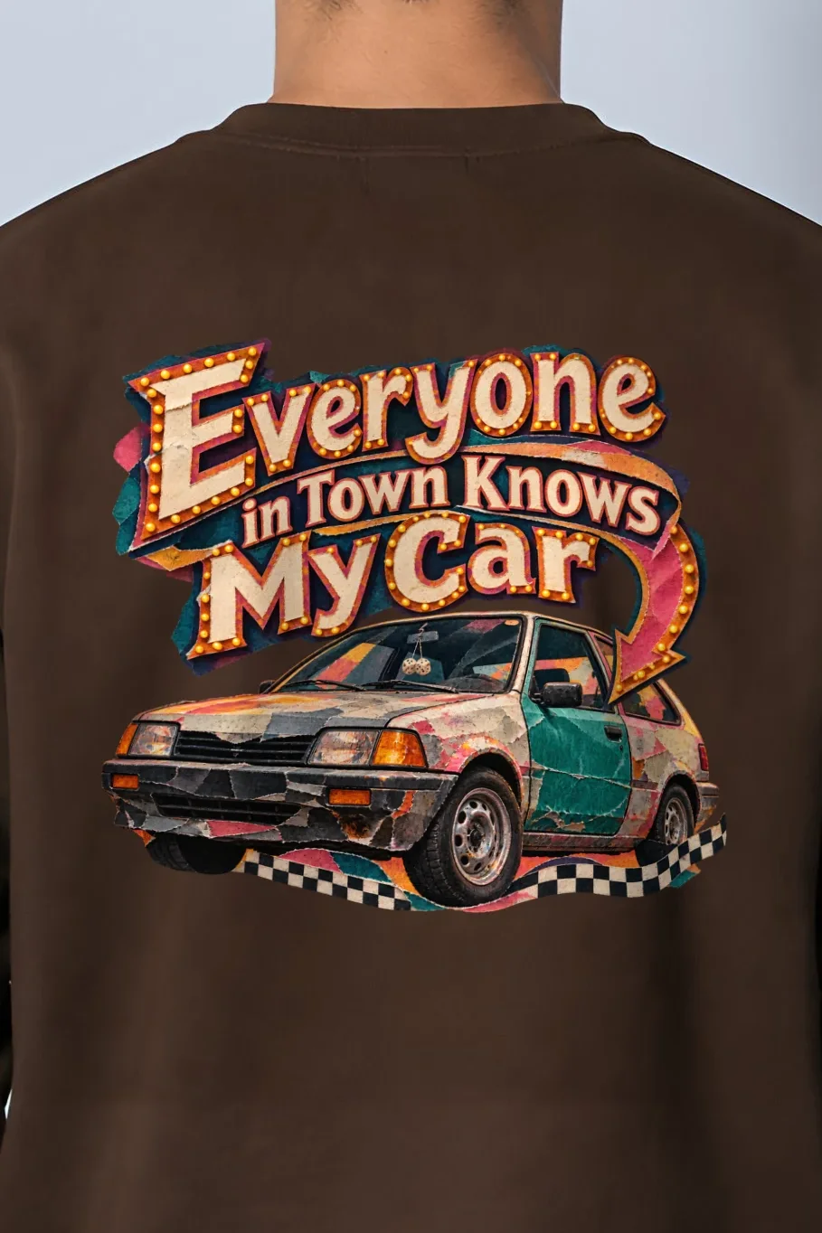 "Everyone in Town Knows My Car" Heavy Blend Unisex Crewneck Sweatshirt - the graphic up close