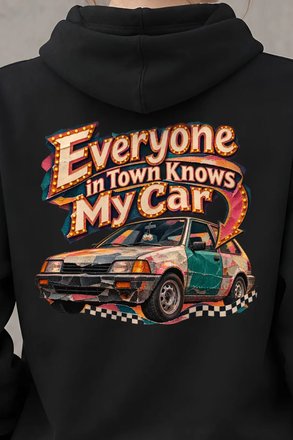 "Everyone in Town Knows My Car" Heavy Blend Unisex Pullover Hoodie - the graphic up close