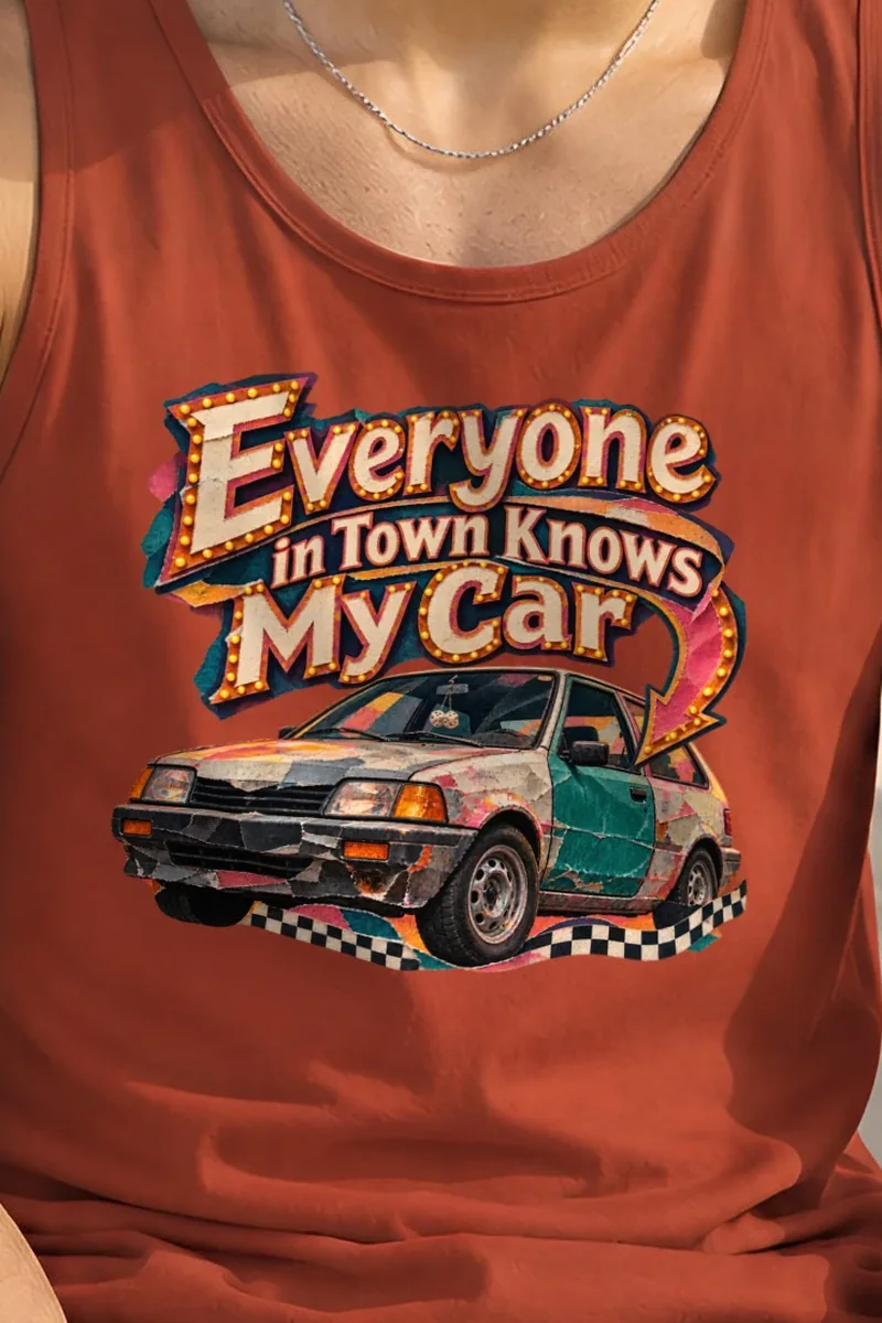 "Everyone in Town Knows My Car" Unisex Jersey Tank - the graphic up close