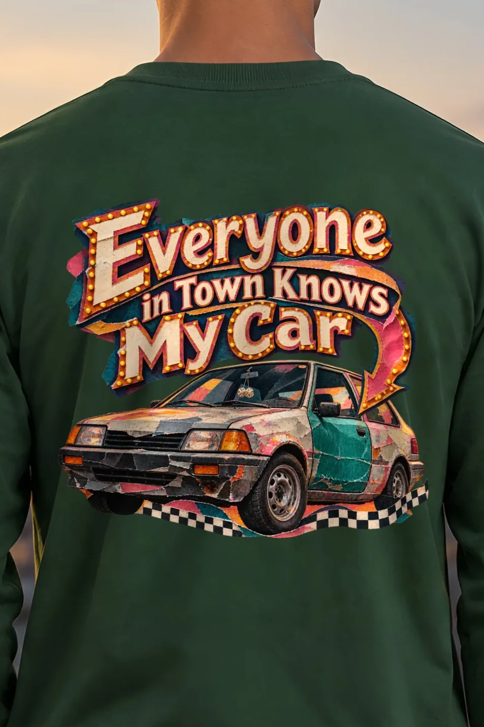 "Everyone in Town Knows My Car" Unisex Longsleeve T-shirt - the graphic up close