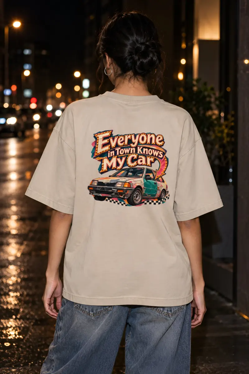 "Everyone in Town Knows My Car" Unisex Oversized Heavyweight Crewneck T-Shirt