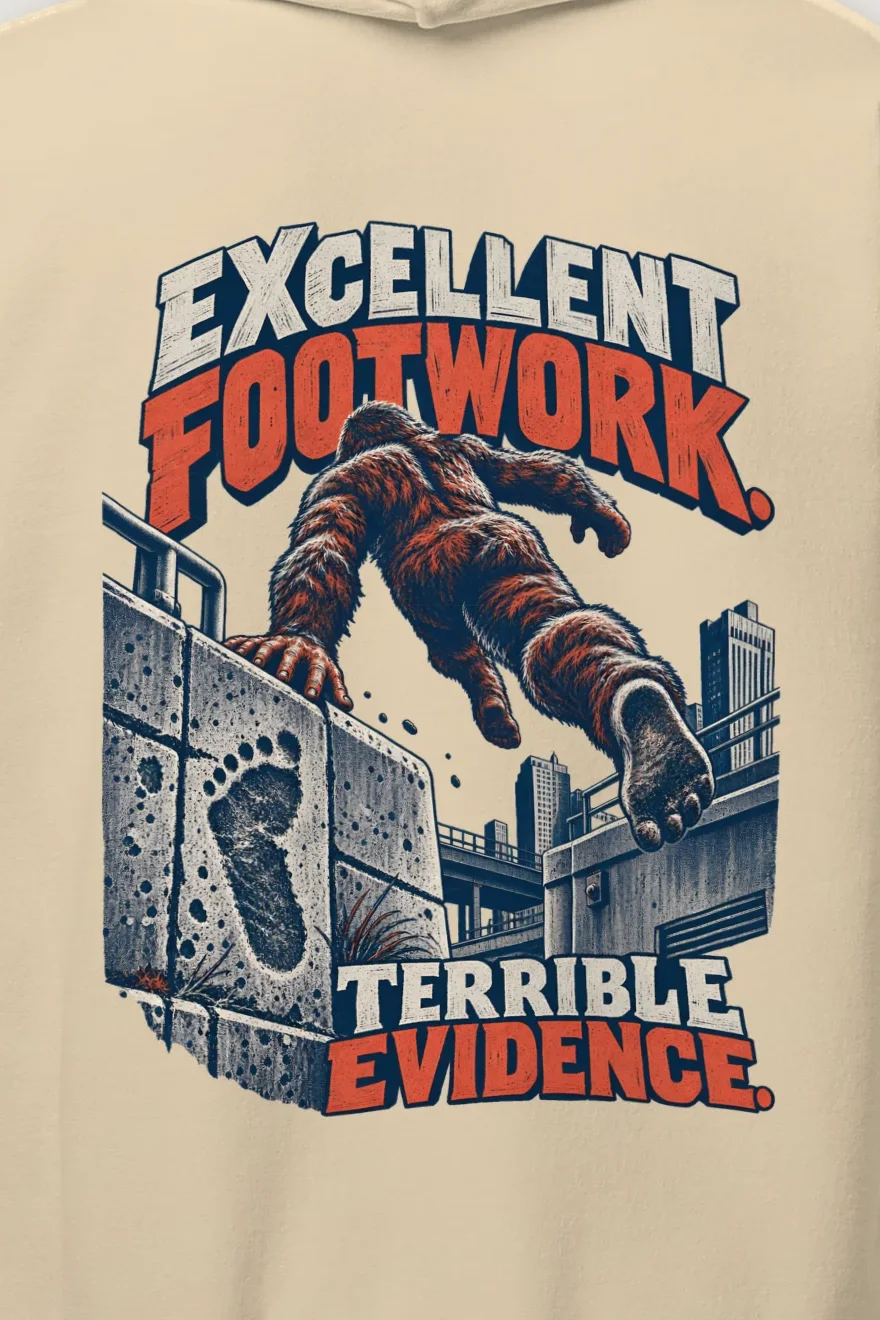 "Excellent Footwork Terrible Evidence" Heavy Blend Unisex Pullover Hoodie - the graphic up close