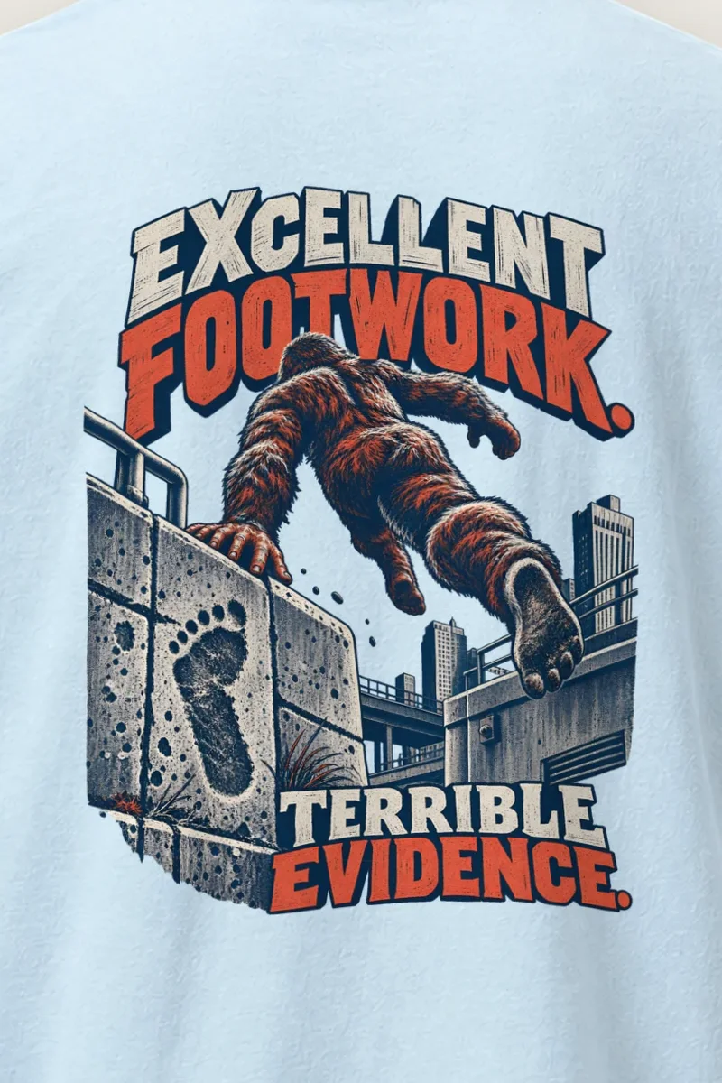 "Excellent Footwork Terrible Evidence" Heavyweight Unisex Crewneck T-shirt - the graphic up close