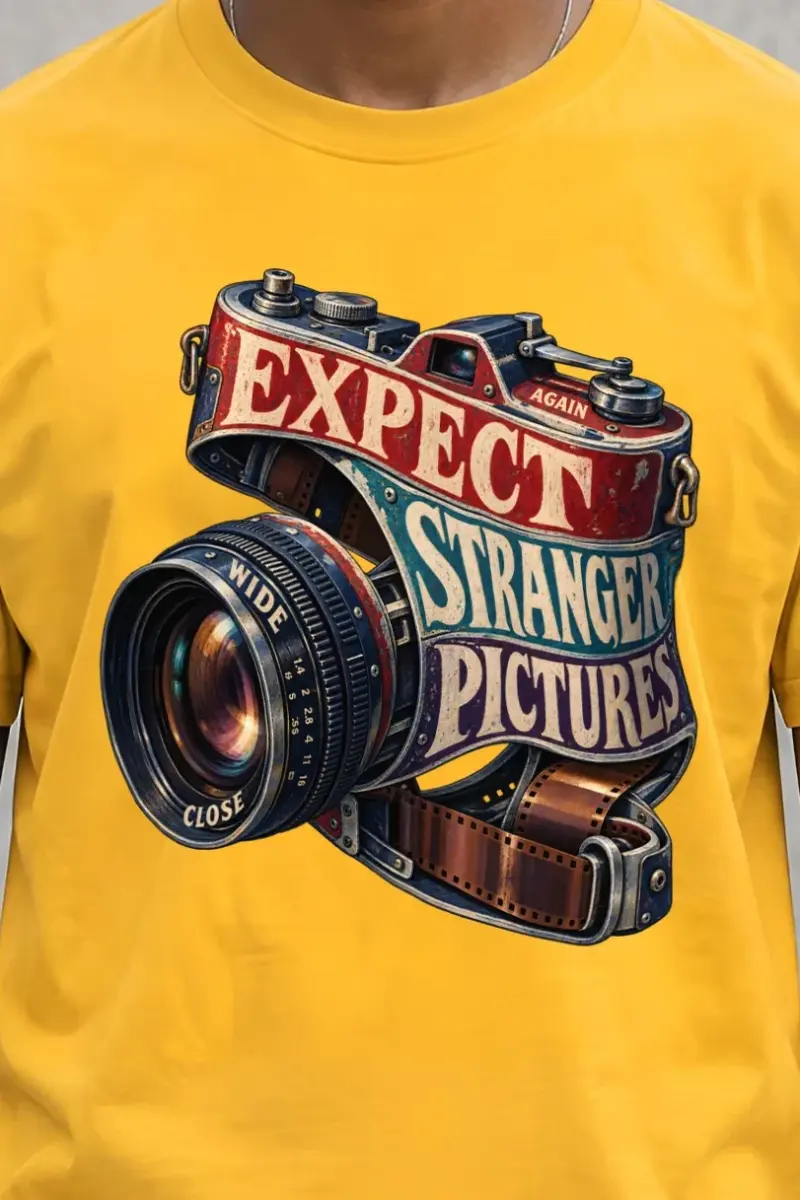 "Expect Stranger Pictures" Heavyweight Unisex Crewneck T-shirt - the graphic up close