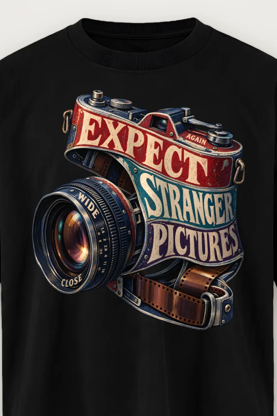 "Expect Stranger Pictures" Men’s Oversized Heavyweight Crewneck T-Shirt - the graphic up close