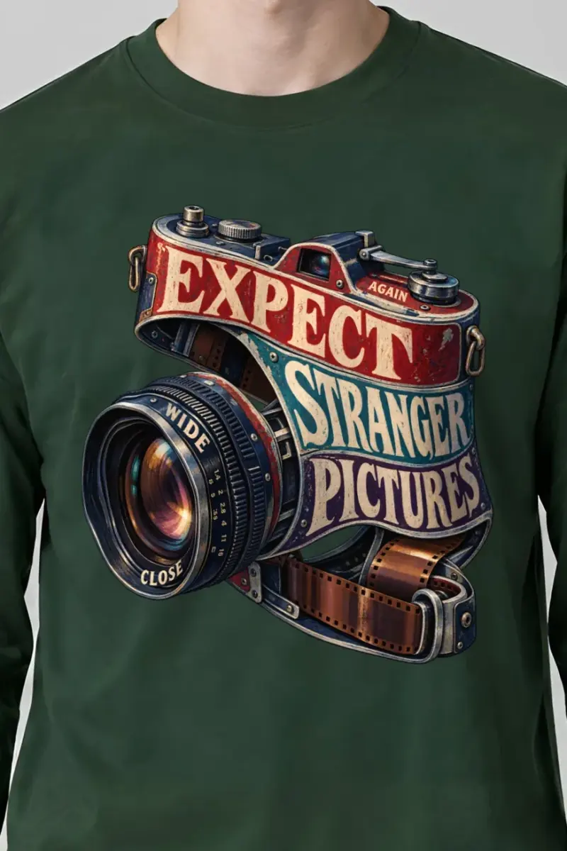 "Expect Stranger Pictures" Unisex Longsleeve T-shirt - the graphic up close