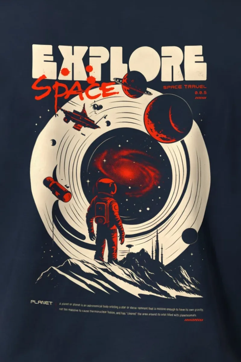 "Explore Space Travel" Heavyweight Unisex Crewneck T-shirt - the graphic up close