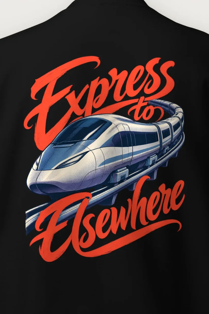 "Express to Elsewhere" Heavy Blend Unisex Crewneck Sweatshirt - the graphic up close
