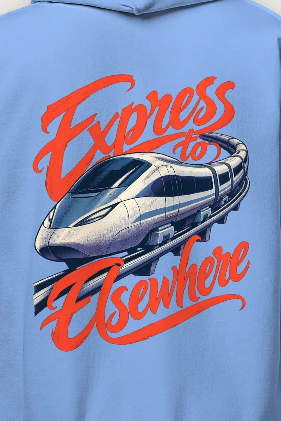 "Express to Elsewhere" Heavy Blend Unisex Pullover Hoodie - the graphic up close