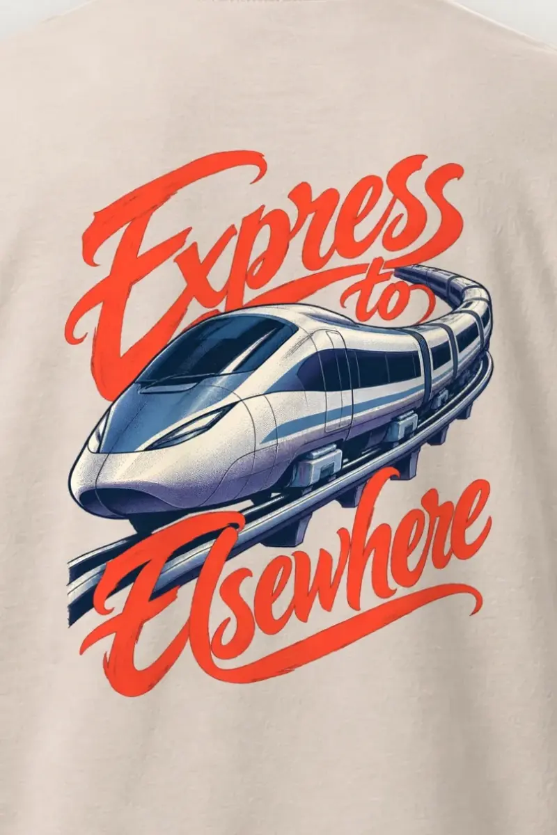 "Express to Elsewhere" Heavyweight Unisex Crewneck T-shirt - the graphic up close