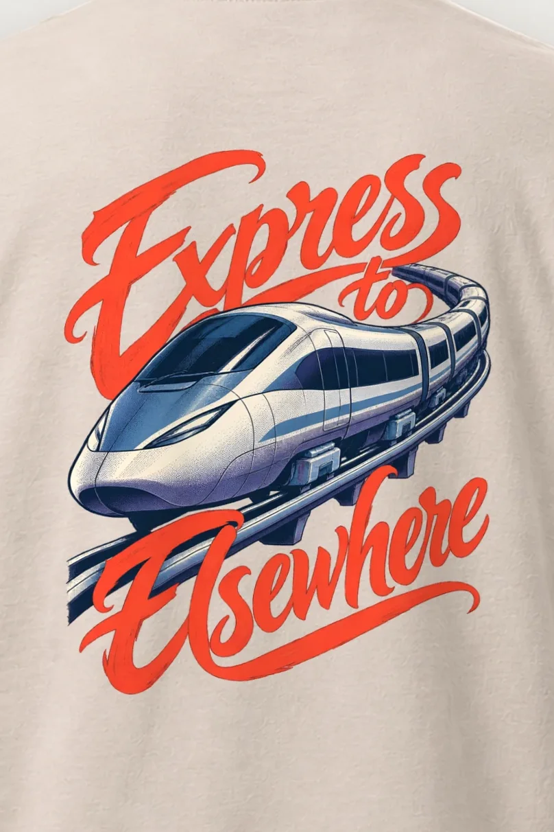 "Express to Elsewhere" Heavyweight Unisex Crewneck T-shirt - the graphic up close