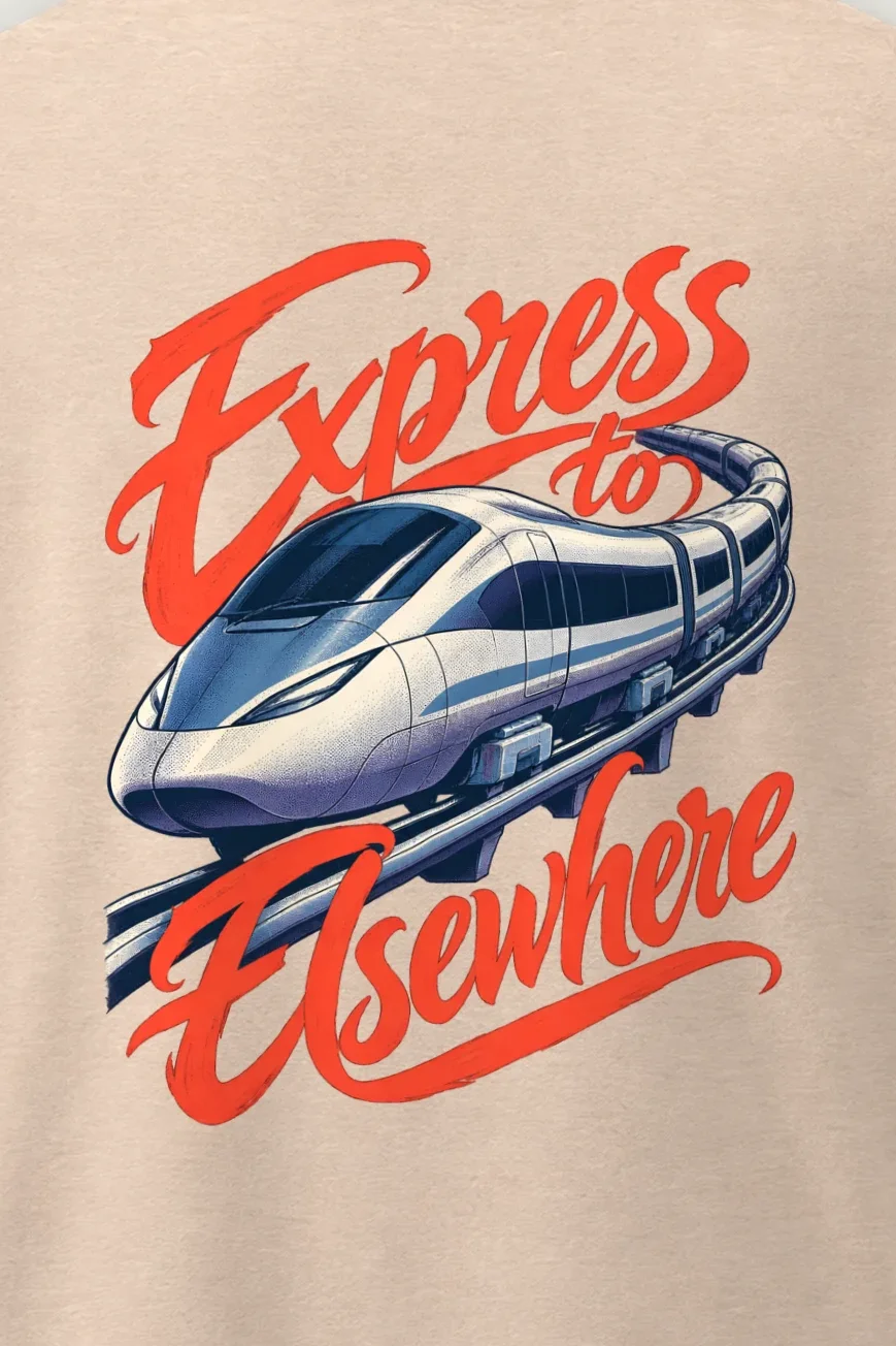 "Express to Elsewhere" Men’s Oversized Heavyweight Crewneck T-Shirt - the graphic up close