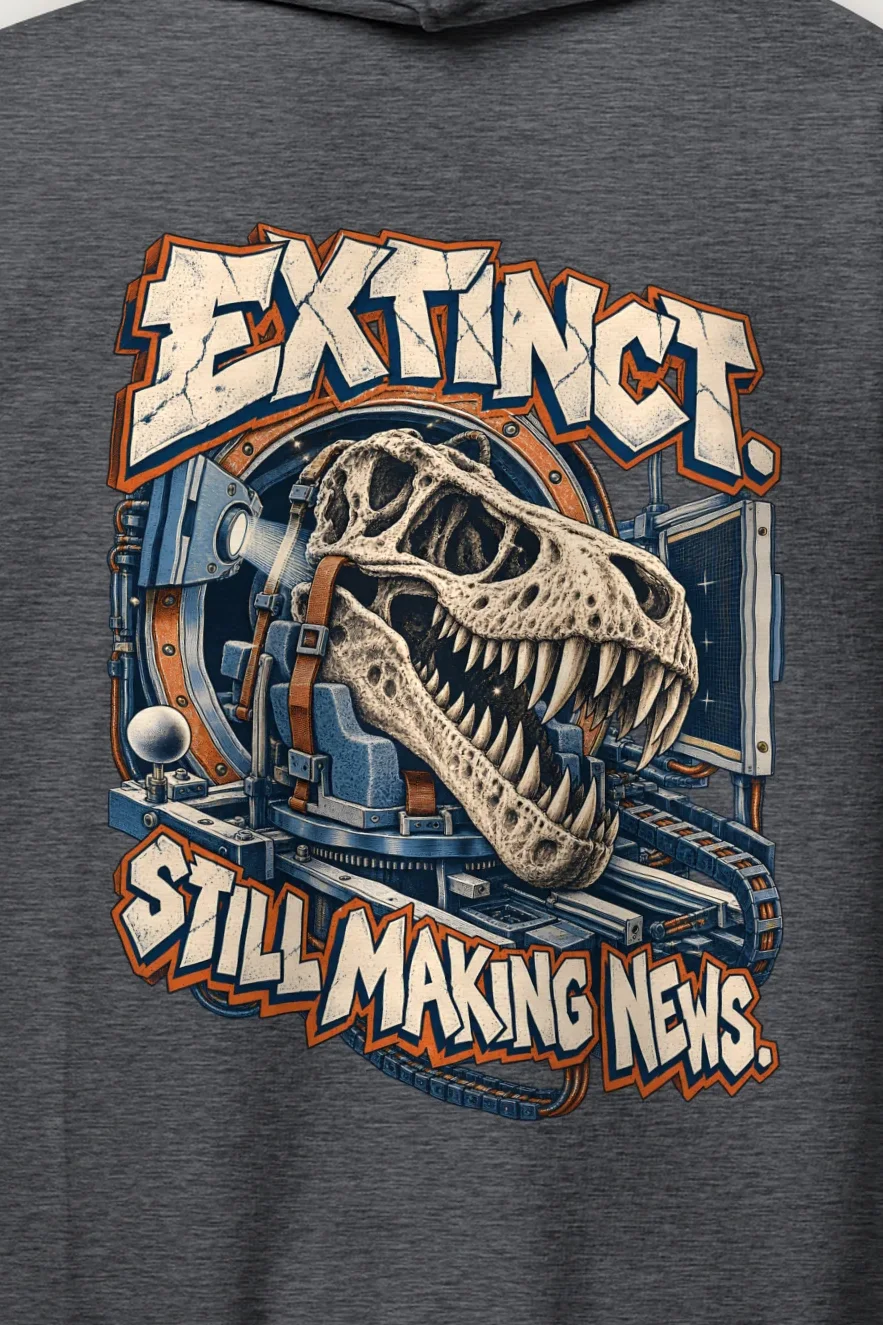 "Extinct. Still Making News." Heavy Blend Unisex Pullover Hoodie - the graphic up close