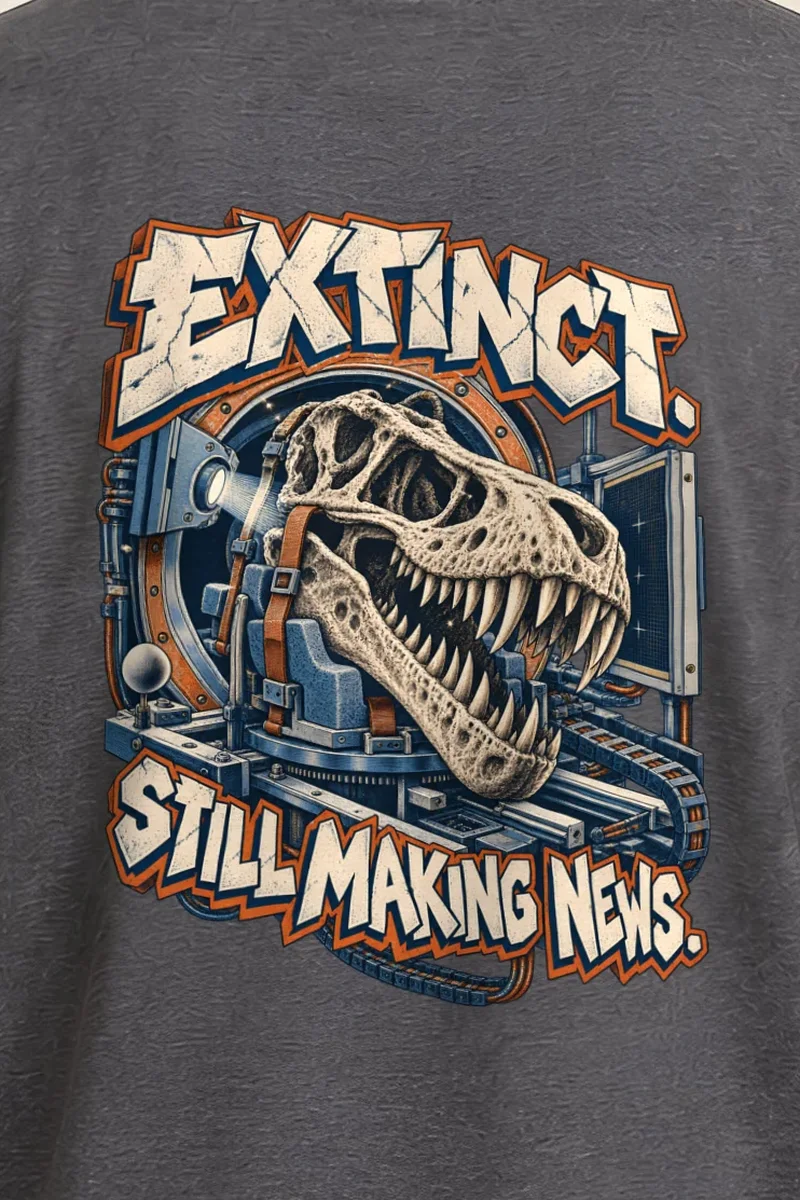 "Extinct. Still Making News." Heavyweight Unisex Crewneck T-shirt - the graphic up close