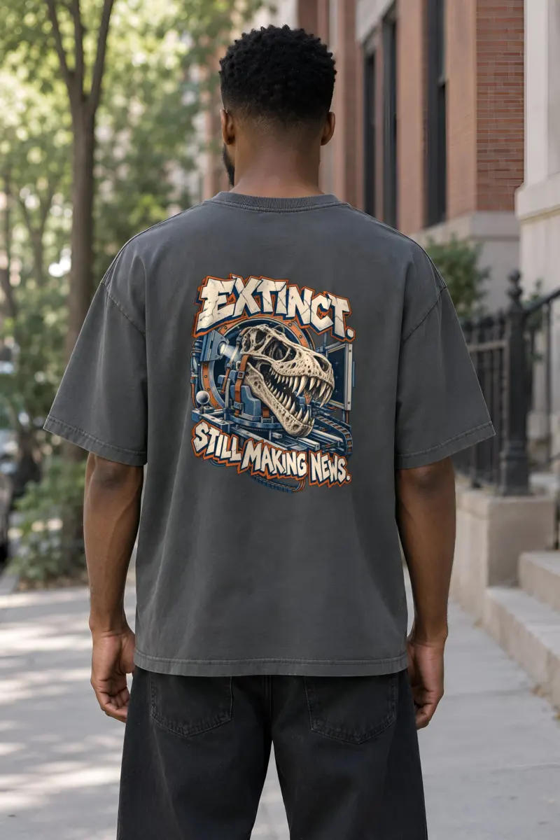 "Extinct. Still Making News." Unisex Oversized Heavyweight Crewneck T-Shirt