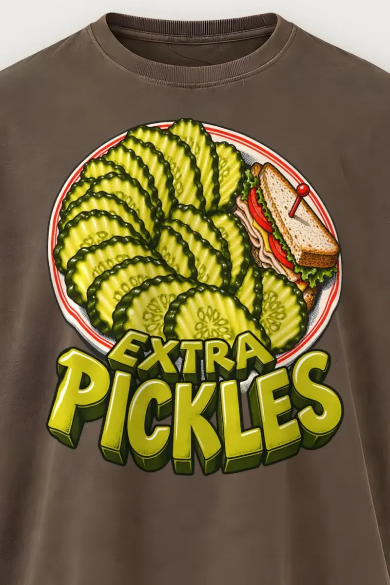 "Extra Pickles" Men’s Oversized Heavyweight Crewneck T-Shirt - the graphic up close