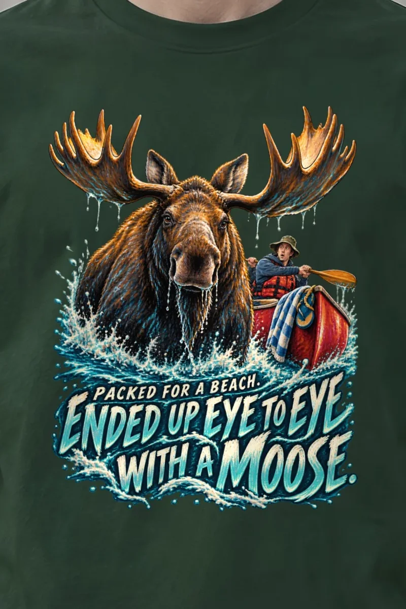 "Eye to Eye With a Moose" Heavyweight Unisex Crewneck T-shirt - the graphic up close