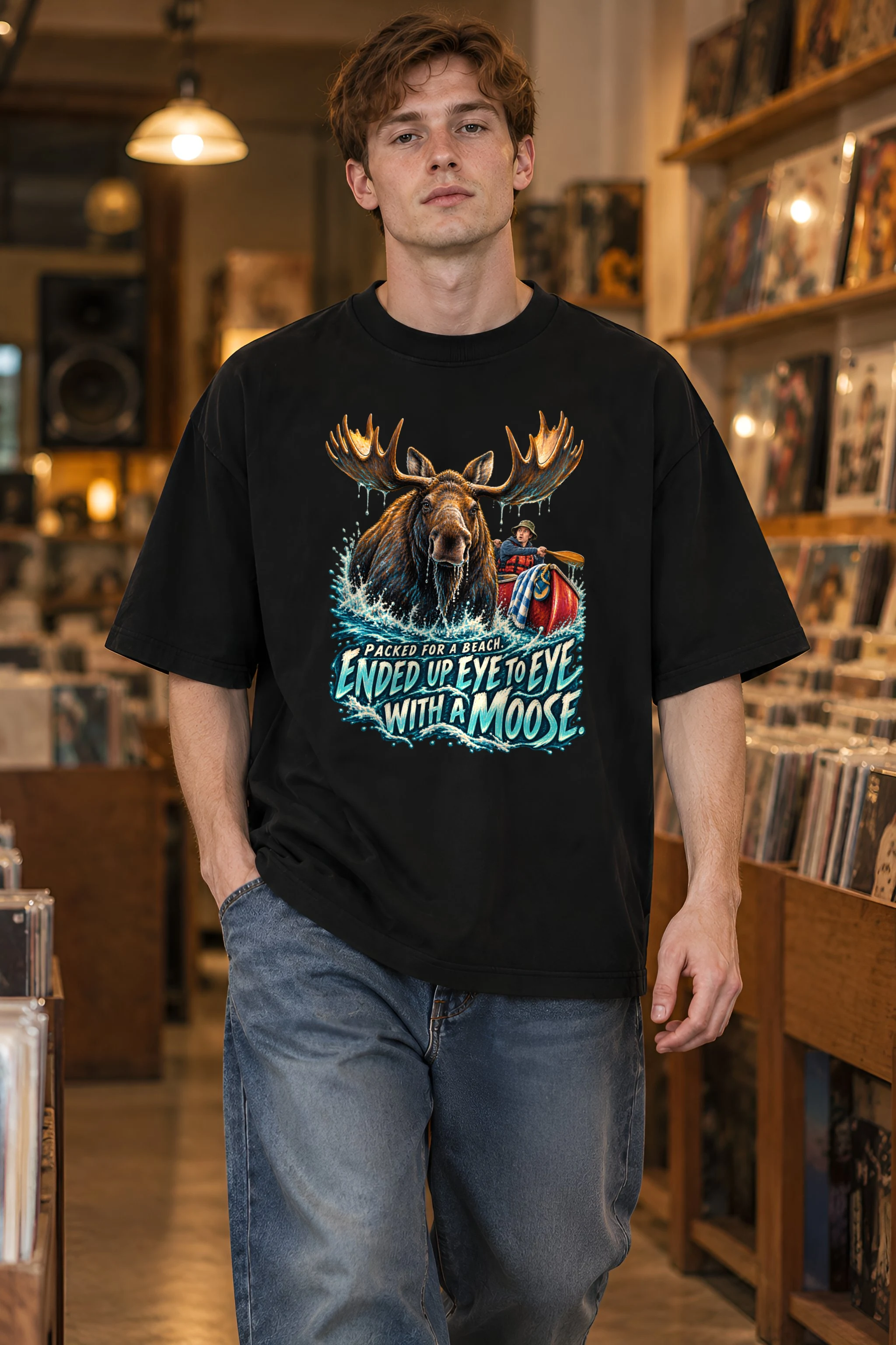 "Eye to Eye With a Moose" Unisex Oversized Heavyweight Crewneck T-Shirt