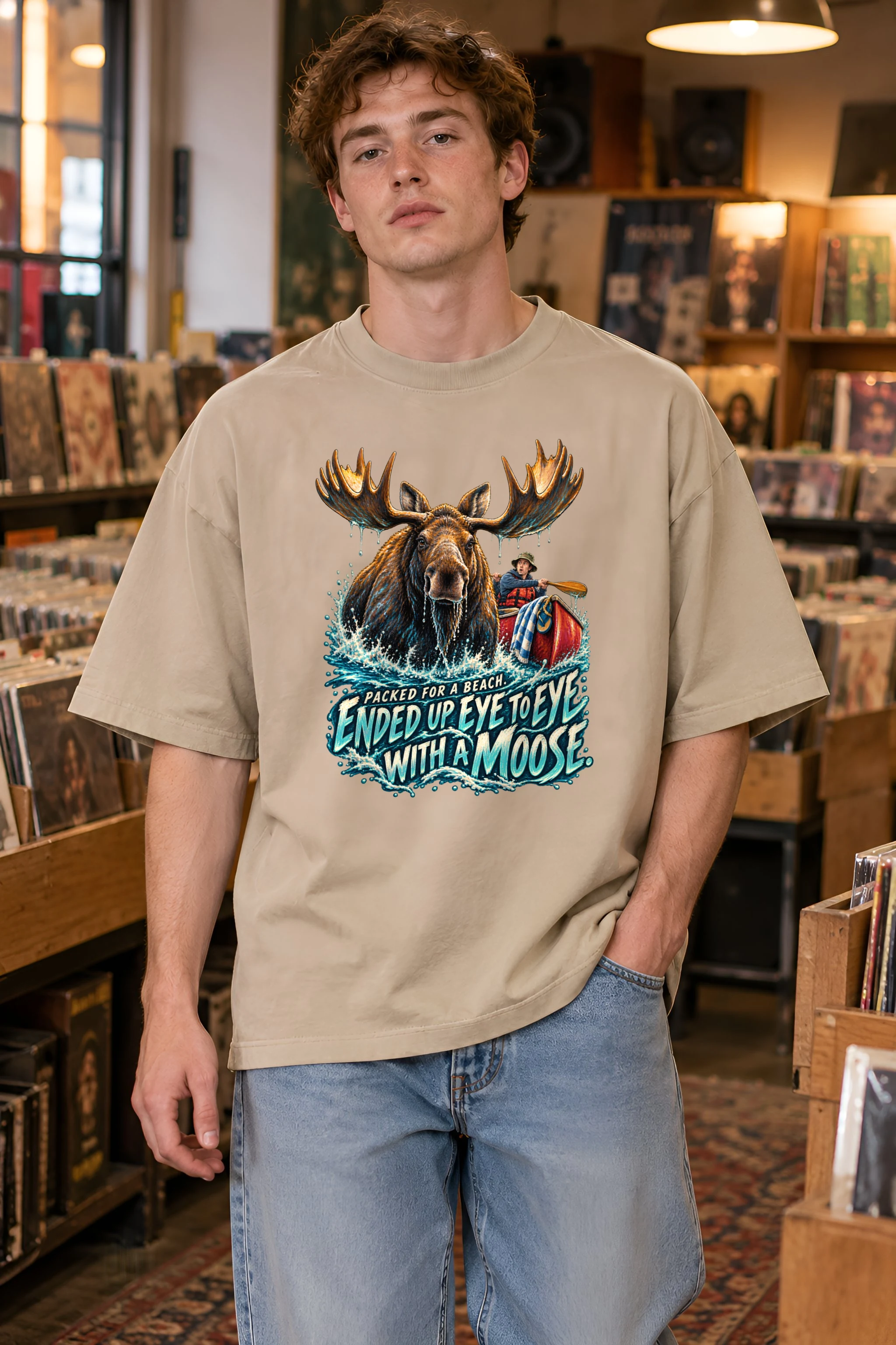 "Eye to Eye With a Moose" Unisex Oversized Heavyweight Crewneck T-Shirt