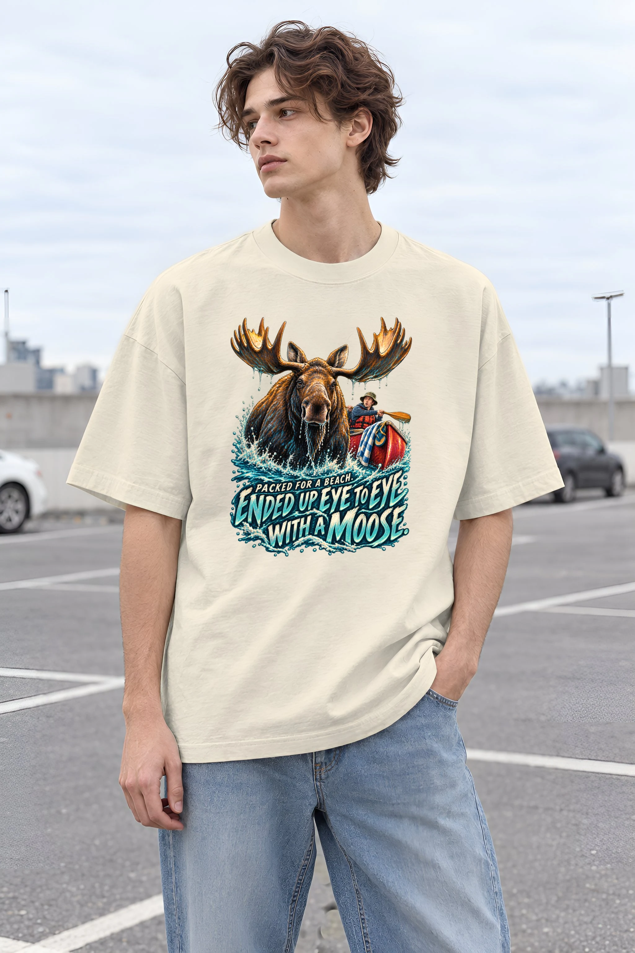 "Eye to Eye With a Moose" Unisex Oversized Heavyweight Crewneck T-Shirt