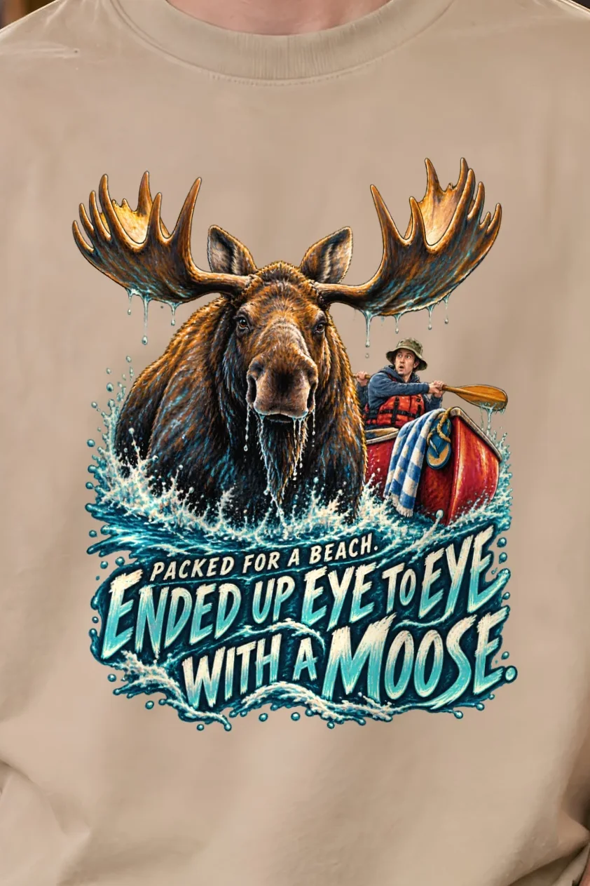 "Eye to Eye With a Moose" Unisex Oversized Heavyweight Crewneck T-Shirt - the graphic up close
