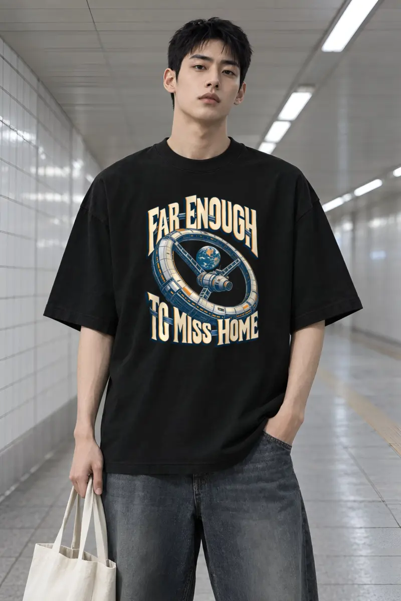 "Far Enough to Miss Home" Men's Oversized Heavyweight Crewneck T-Shirt
